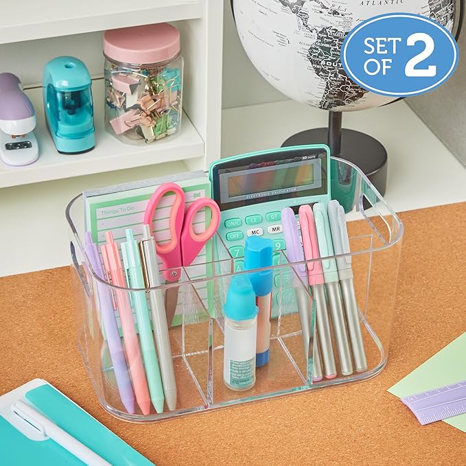 STORi Bliss 5-Compartment Plastic Cosmetics Storage Organizer, Set of 2 | Clear | Rectangular Divided Makeup Bin & Vanity Caddy with Pass-Through Handles | Round Corner Design | Made in USA
