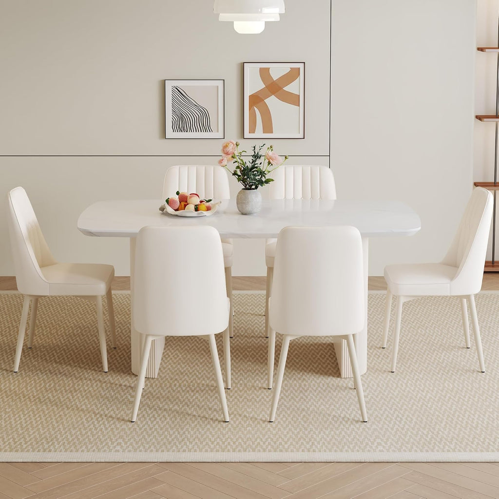 White Dining Table Set for 6, 67'' Marble Dining Table Set with 3.5'' Thick Cream White Oval Tabletop and Solid Column Base, Modern Kitchen Table Set with 6 Metal Legs Chairs