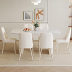 White Dining Table Set for 6, 67'' Marble Dining Table Set with 3.5'' Thick Cream White Oval Tabletop and Solid Column Base, Modern Kitchen Table Set with 6 Metal Legs Chairs