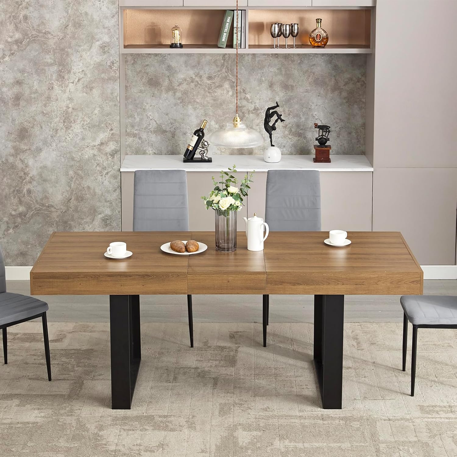 STHOUYN 63”-79” Extendable Dining Room Table, Modern Farmhouse Wooden Kitchen Table, Long Expandable Dining Table for 6 8 10, Large Expanding Tables Conference Tables (Walnut Brown)