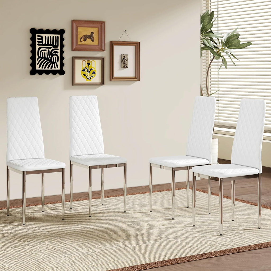 Modern Dining Chairs Set of 4, White PU Leather Kitchen Chairs, Upholstered High Back Chair with Silver Metal Legs for Kitchen, Dining Room, Restaurant