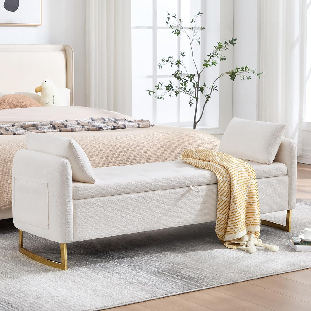 Storage Bench for Bedroom, 65 Inch End of Bed Storage Bench Cream | Chenille End of Bed Bench King Size Tufted Upholstered and Gold Legs, Bedroom Bench with Storage, Arms, 2 Pillows, for Window