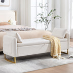 Storage Bench for Bedroom, 65 Inch End of Bed Storage Bench Cream | Chenille End of Bed Bench King Size Tufted Upholstered and Gold Legs, Bedroom Bench with Storage, Arms, 2 Pillows, for Window