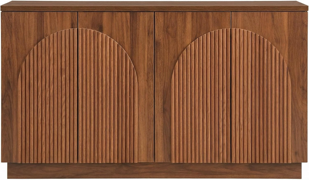 Yechen 110" Modular Fluted Sideboard Buffet Cabinet with Storage, Wood Mid Century Modern Credenza Cabinet w/Arched Reeded Doors & Adjustable Shelves for Kitchen, Living Room, Walnut