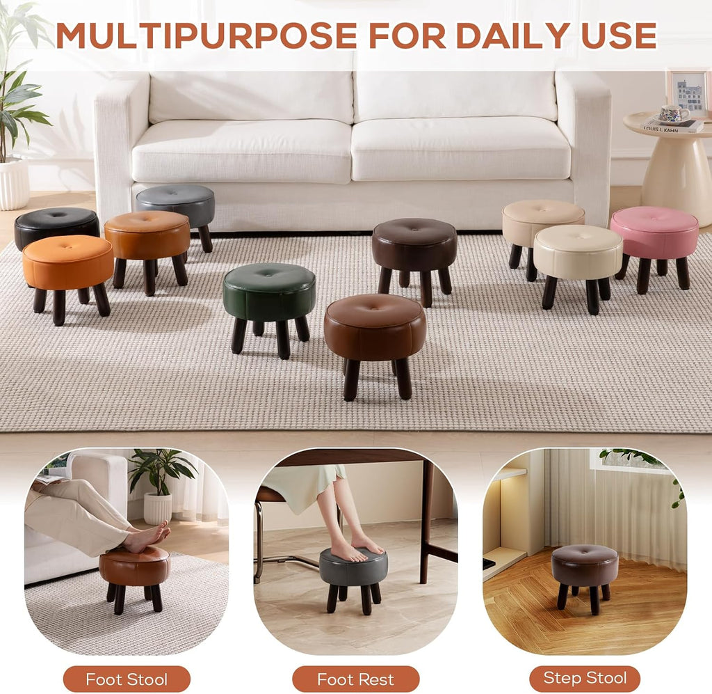 oakvivo Small Foot Stool, 13in Round Faux Leather Pouf Ottoman Foot Rest | Footstool Ottomans with Rubber Legs Under Desk, 13''L x 13''W x 10.2''H, Footrest for Couch, Living Room Bedroom, Brown