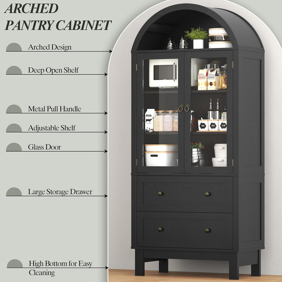 Arched Cabinet with Glass Doors, 71" Tall Freestanding Pantry Cabinet with 2 Large Drawers and Adjustable Shelf, Farmhouse Wood Storage Cabinets, Versatile Cupboard for Kitchen, Dining Room, Black