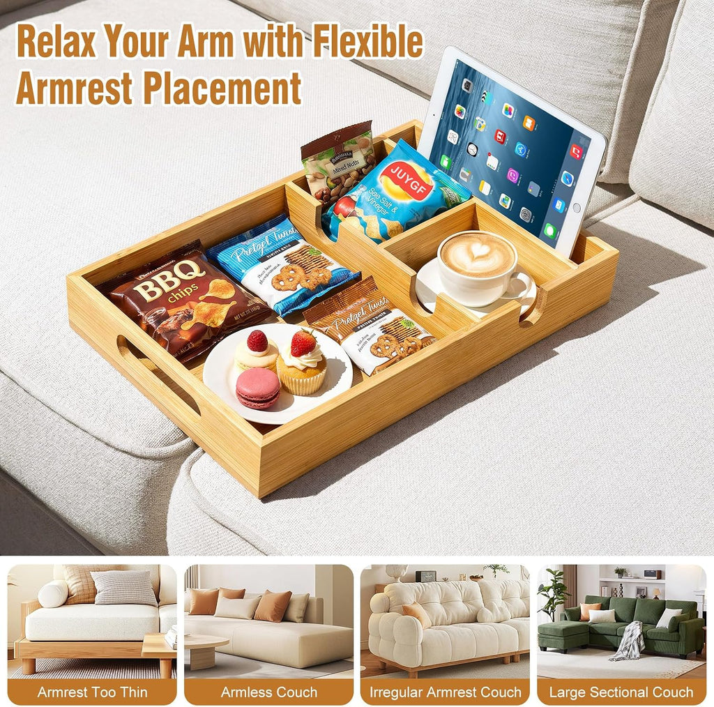 Couch Tray Insert for Middle Seat, Couch Table with 2 Cup Holders | Fits Armless Sofa & Sectionals, Sofa Armrest Organizer for Snacks, Drinks, Remotes, Phones, Bamboo