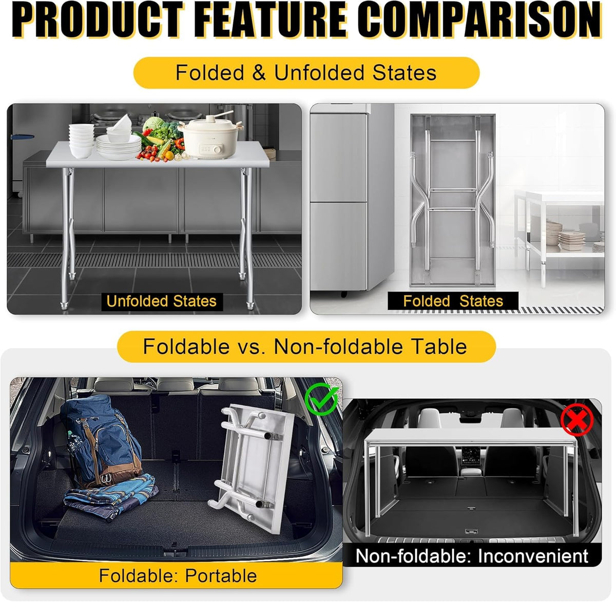 Foldable Stainless Steel Table 48x24 Inch, 1-Tier Portable Workstation, Commercial & Utility Table for Kitchen Prep, Catering, Garage, Workshop and Home Use, 600 LB Capacity