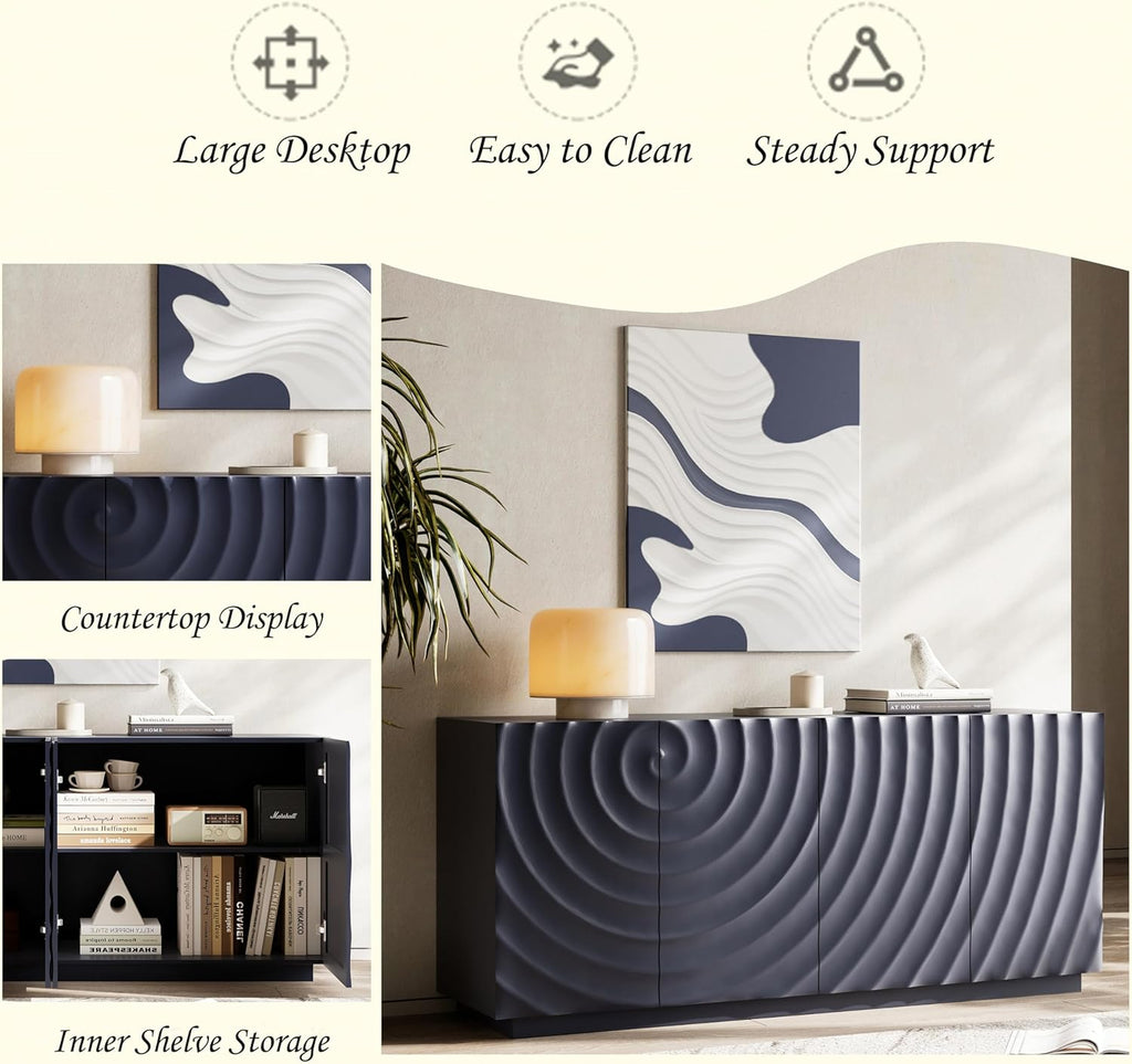 59 Inch Contemporary Sideboard Buffet Table - Navy Blue Ripple Design Storage Cabinet, Accent Console for Kitchen Dining Room, Entryway & Living Room