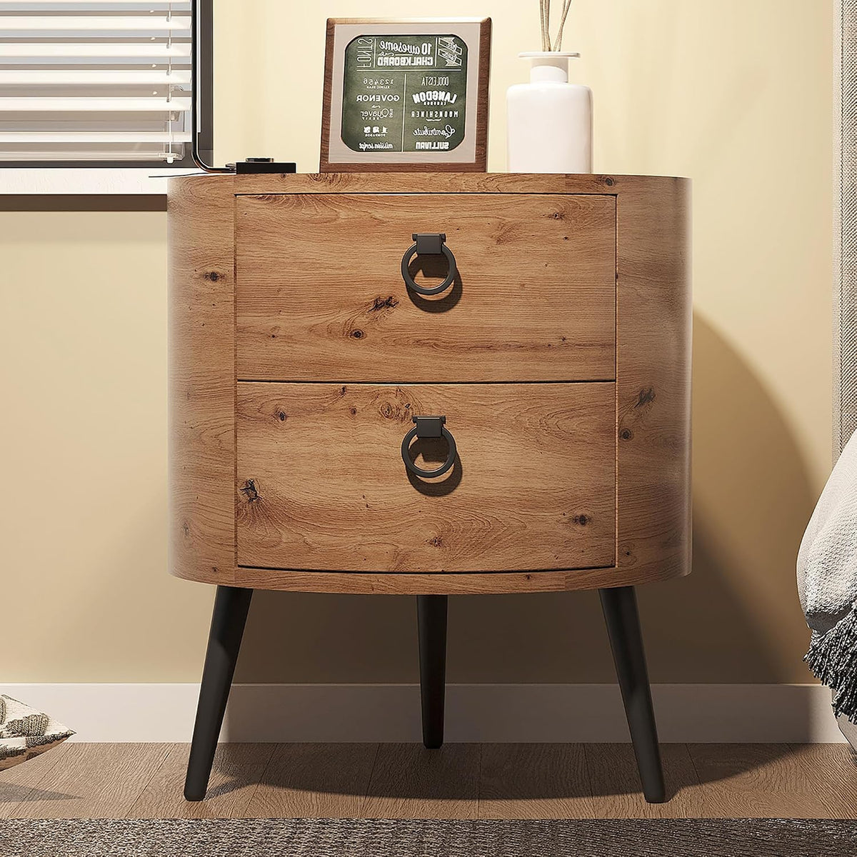 GarveeHome Round Side Table with Drawers Modern Night Stand with Storage Wooden Accent End Table Circle Bedside Table with Metal Legs for Living Room, Bedroom (Natural)