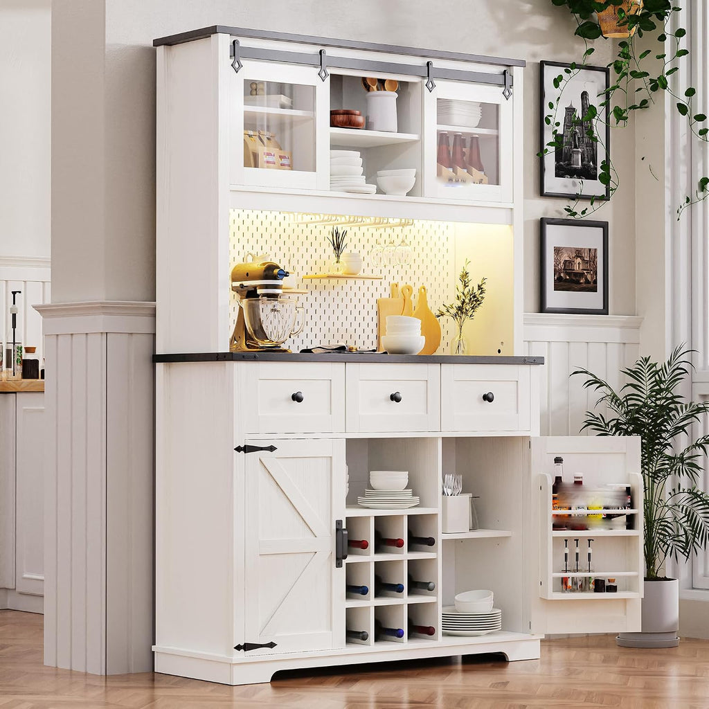 71" White Pantry Cabinet with Coffee Bar Farmhouse Kitchen Hutch Cabinet with Sliding Doors Wine Bar Cabinets with Power Outlet and LED Lights 9-Bottle Rack and 4 Glass Holders White Oak