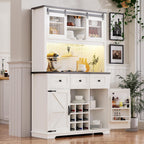 71" White Pantry Cabinet with Coffee Bar Farmhouse Kitchen Hutch Cabinet with Sliding Doors Wine Bar Cabinets with Power Outlet and LED Lights 9-Bottle Rack and 4 Glass Holders White Oak