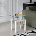 2pcs Modern Glass End Table - Two Tiered Clear Nightstand, Square Tempered Glass Tables with White Metal Frame for Living Room or Bedroom, Set of 2 17.72"x17.72"x20.47"H