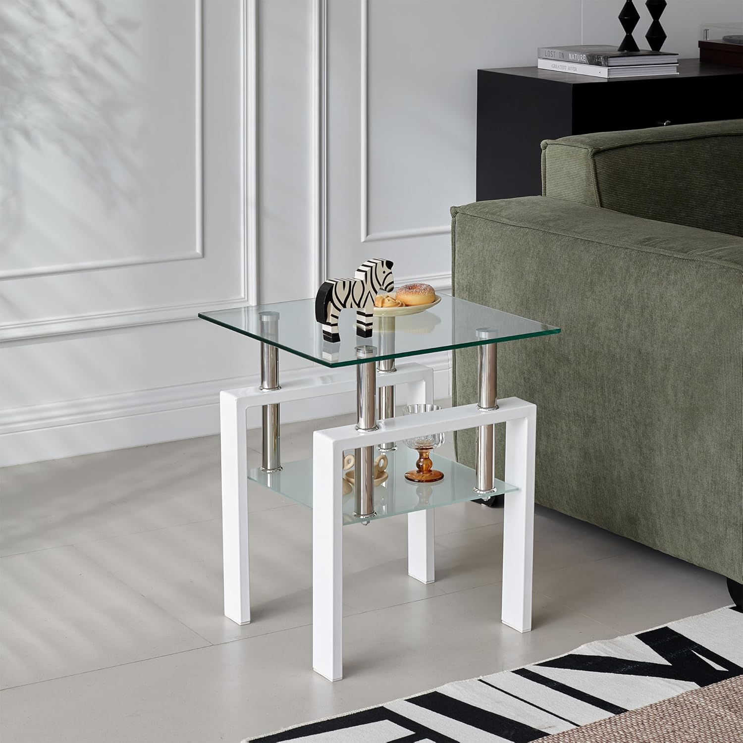 2pcs Modern Glass End Table - Two Tiered Clear Nightstand, Square Tempered Glass Tables with White Metal Frame for Living Room or Bedroom, Set of 2 17.72"x17.72"x20.47"H