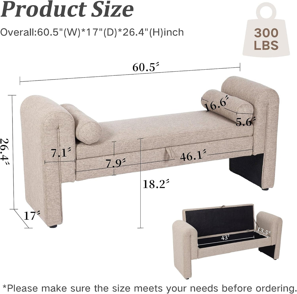 60.5" End of Bed Bench, Velvet Bedroom Bench,King Bed Bench,with 2 Pillows,Upholstered Bench,Suitable for End of Bed, Entryway Living Room,Bedroom. (Linen Apricot)
