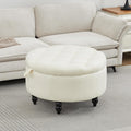 24 Inch Fabric Round Ottoman with Storage, Modern Upholstered Button Tufted Ottoman Coffee Table with Tray Lid, Circle Footstool with Storage for Living Room, Bedroom, White