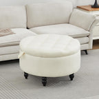 24 Inch Fabric Round Ottoman with Storage, Modern Upholstered Button Tufted Ottoman Coffee Table with Tray Lid, Circle Footstool with Storage for Living Room, Bedroom, White