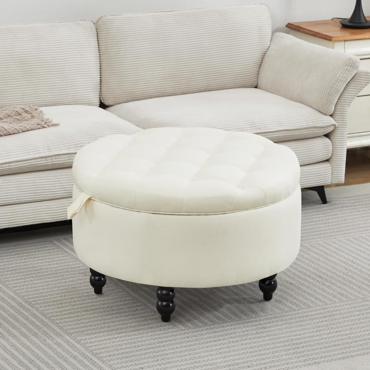 24 Inch Fabric Round Ottoman with Storage, Modern Upholstered Button Tufted Ottoman Coffee Table with Tray Lid, Circle Footstool with Storage for Living Room, Bedroom, White
