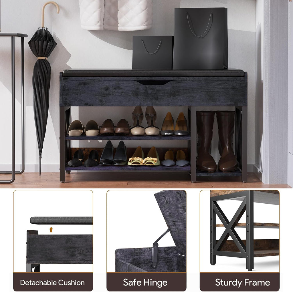 Shoe Bench, Lift Top Shoe Storage Bench, Adjustable Shelf Entryway Bench with Padded Cushion for Entry, Closet, Living Room, Hallway, 2-Tier Shoe Rack Organizer(Black, 35.5“W)