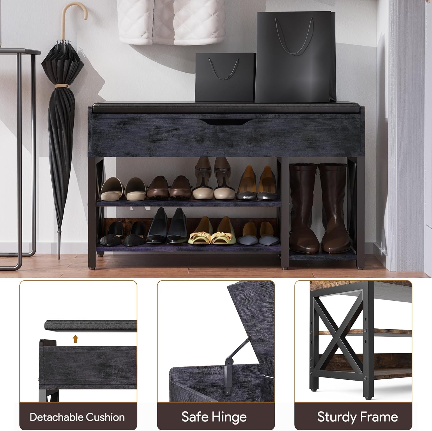 Shoe Bench, Lift Top Shoe Storage Bench, Adjustable Shelf Entryway Bench with Padded Cushion for Entry, Closet, Living Room, Hallway, 2-Tier Shoe Rack Organizer(Black, 35.5“W)