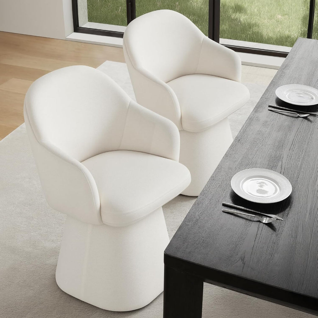 KISLOT Swivel Dining Chairs Set of 2, Upholstered Modern Barrel Dining Chairs with 360° Swivel Base, Chenille Velvet Fabric Accent Kitchen Chairs with Arms, Padded Dining Room Chairs, Cream