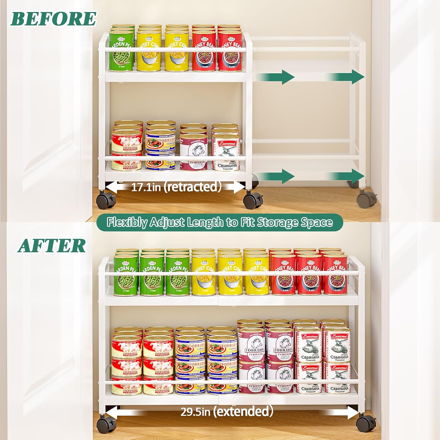 2-Tier Expandable Rolling Pantry Cart with Wheels, Adjustable Floor Organizer for Kitchen Pantry, Can Organizer for Pantry, Storage Cart for Snack, Food, Vegetables, White, Patent Pending