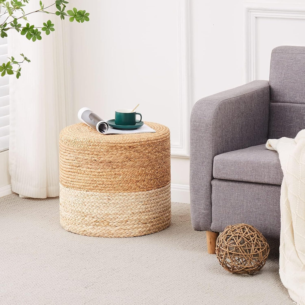 Wimarsbon 2Pcs Pouf Ottomans, Natural Seagrass Foot Stool, Hand Weaving Round Ottoman, Boho Decorative Seat, Jute Braided Pouffe Poof Accent Sitting Footrest (18inch Water Hyacinth Braid & Corn Husk)