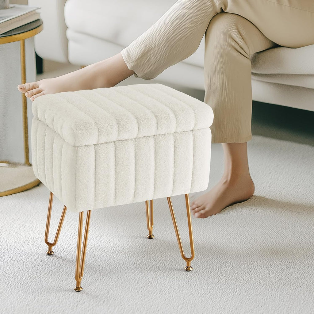 DUMOS Vanity Stool Chair Ottoman with Storage, Makeup Cute Soft Small Footstool Modern Style Faux Fur Seat with 4 Metal Legs & Adjustable Feet for Dressing Living Room Bedroom Dorm