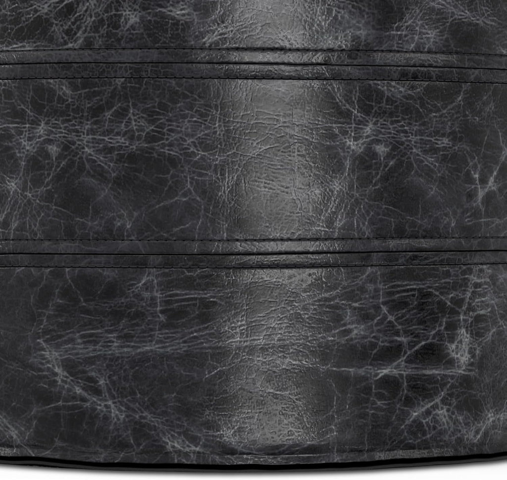 SIMPLIHOME Connor 18" Wide Round Pouf in Distressed Black Genuine Leather