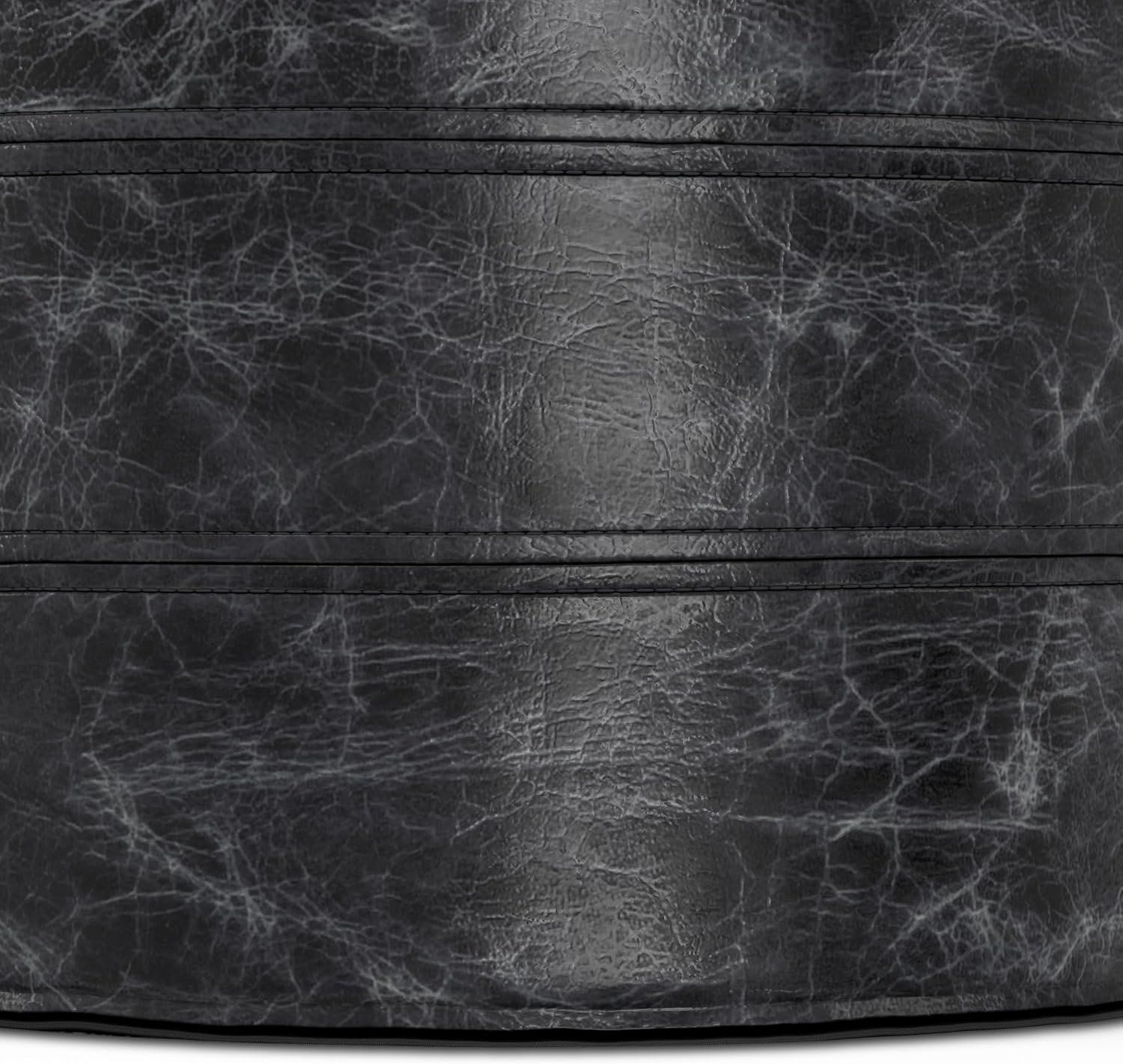 SIMPLIHOME Connor 18" Wide Round Pouf in Distressed Black Genuine Leather