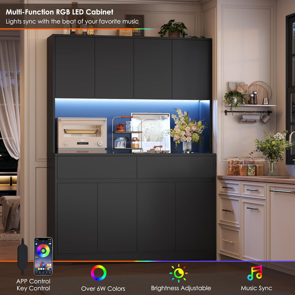 FINETONES 71" Tall Pantry Cabinet with LED Lights and Charging Station, 47.2" Wide Kitchen Pantry Storage Cabinet Kitchen Hutch with Microwave Stand, Tall Storage Cabinet for Living Room, Black