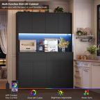 FINETONES 71" Tall Pantry Cabinet with LED Lights and Charging Station, 47.2" Wide Kitchen Pantry Storage Cabinet Kitchen Hutch with Microwave Stand, Tall Storage Cabinet for Living Room, Black