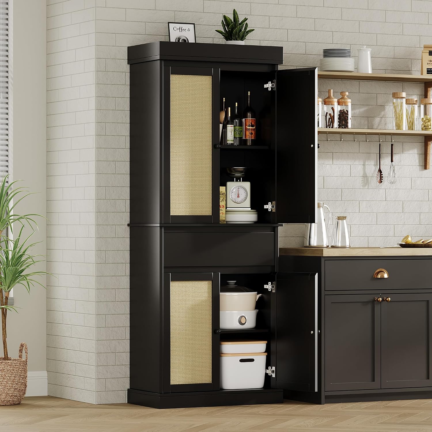 69'' Tall Pantry Cabinet - 4 Rattan Doors, Drawer, and 2 Adjustable Shelves - Freestanding Storage Cupboard for Entryway, Kitchen, Dining Room, Bathroom, or Office,Black