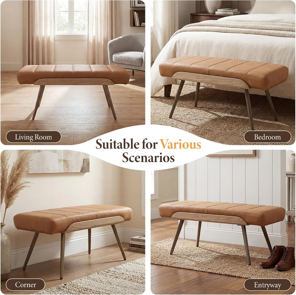 CIMOTA Mid-Century Modern Upholstered Bench, Channel Tufted Ottoman Bench with Solid Wood Trim and Bronze Metal Legs, 35.5" Accent Bench for Bedroom, Entryway, Living Room, End of Bed, PU Brown