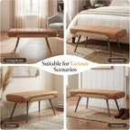 CIMOTA Mid-Century Modern Upholstered Bench, Channel Tufted Ottoman Bench with Solid Wood Trim and Bronze Metal Legs, 35.5" Accent Bench for Bedroom, Entryway, Living Room, End of Bed, PU Brown