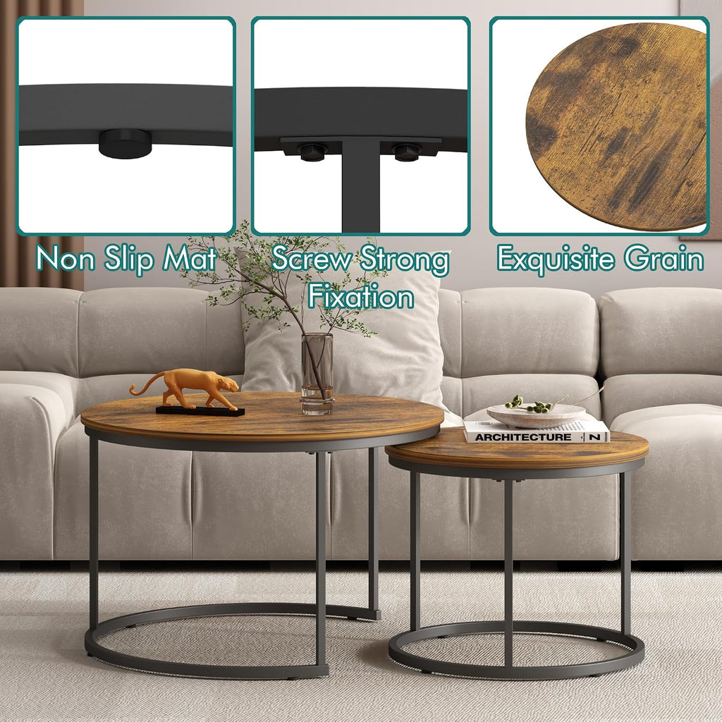 27.6" Round Nesting Coffee Table Set of 2, Rustic Wood Top & Metal Frame | Set of 2 round nesting coffee tables with metal frames and 120 lb capacity. Space-saving stacking design for living rooms
