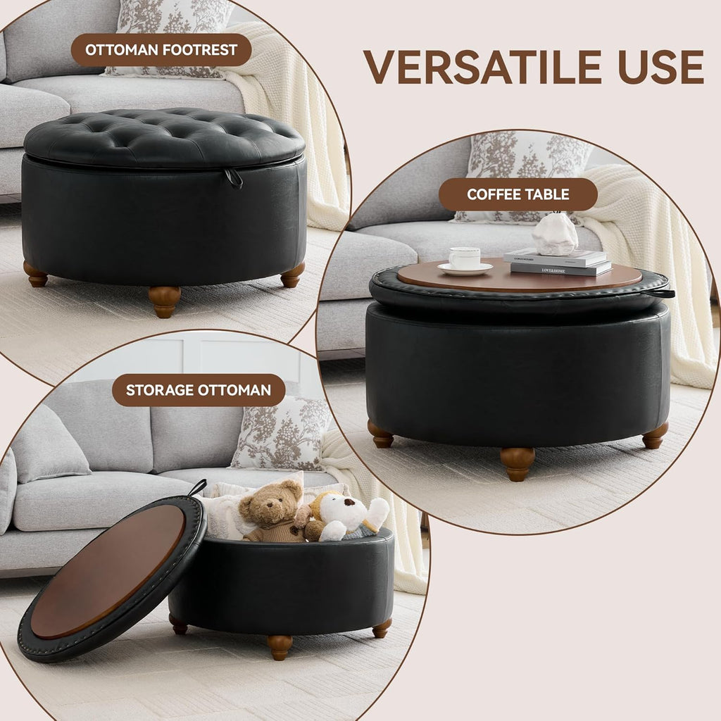 WUTUTUEE 30Inch Round Storage Ottoman with Tray, Modern Tufted Leather Circle Coffee Table with Storage, Upholstered Ottoman with Removable Top for Living Room, Bedroom, Leather Black