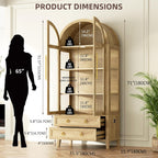 Vlsrka 71" Arched Curio Cabinet with Glass Doors, 4-Shelves Display Cabinet and 2 Drawers, Display Case with 3 Color Lights, Tall Bookcase, Kitchen Pantry, Wood Color