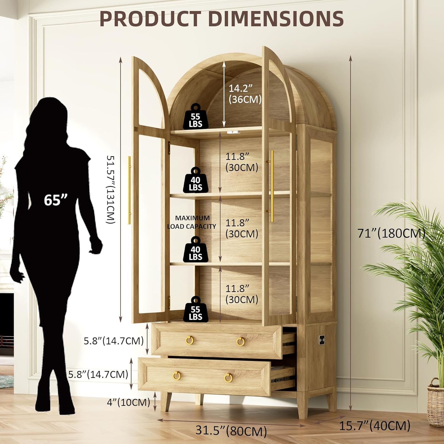 Vlsrka 71" Arched Curio Cabinet with Glass Doors, 4-Shelves Display Cabinet and 2 Drawers, Display Case with 3 Color Lights, Tall Bookcase, Kitchen Pantry, Wood Color