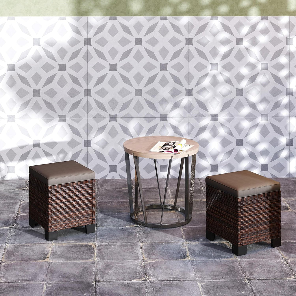 Outsunny 2 Pieces Outdoor Patio Ottomans, All Weather Wicker Footstools with Removable Cushions, 3-in-1 PE Rattan Ottoman Seat, Footrest and Side Table for Backyard, Poolside, Gray