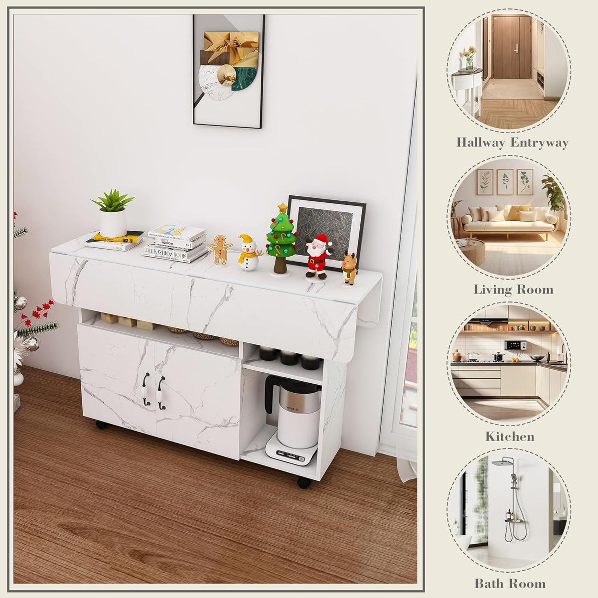 Multi-Functional Folding Dining Table Kitchen Island with Storage Shelves and Wheels, Space Saving Dining Tables Compact Desk for Dining Room, Kitchen, Dorm, Office (White)