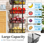 Simple Trending 4 Tier Rolling Fruit Vegetable Basket Cart, Black | Metal Wire, Kitchen Storage Organizer, on Wheels, for Bread Onion Potatoes