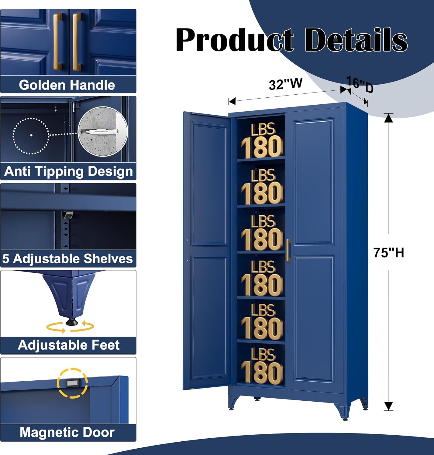 SteeLoong 75”Metal Pantry Storage Cabinet with Doors & 5 Adjustable Shelves | Kitchen Pantry Cabinet,Blue Kitchen Cabinet with 2 Gold Handles,Tall Cabinet for Livingroom,Pantry, Bathroom,Kitchen,Garage