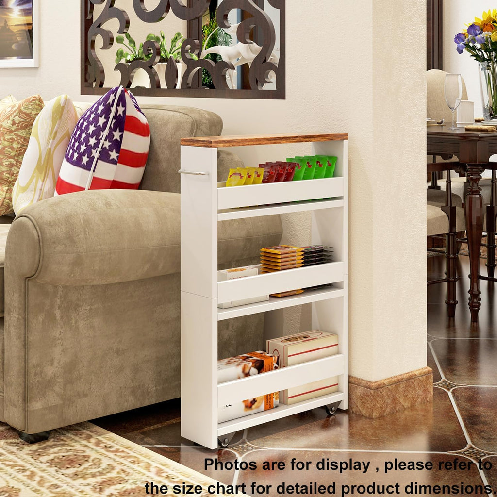 TEAMIX Slim Rolling Storage Cart, Wood 4-Tier Narrow Kitchen/Laundry Cart | 5.5"W Thin Cabinet with Wheels and Handle, Use as Spice Rack Next to Fridge, Laundry Room Organization Between Washer & Dryer