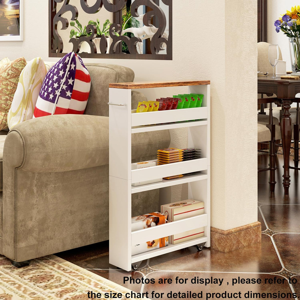 TEAMIX Slim Rolling Storage Cart, Wood 4-Tier Narrow Kitchen/Laundry Cart | 5.5"W Thin Cabinet with Wheels and Handle, Use as Spice Rack Next to Fridge, Laundry Room Organization Between Washer & Dryer