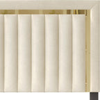 HOME DESIGN Olathe King Size Upholstered Panel Bed Frame, Vertical Channel Tufted Headboard with Gold Metal Accent, Velvet Fabric, Platform Design, Box Spring Required, Beige