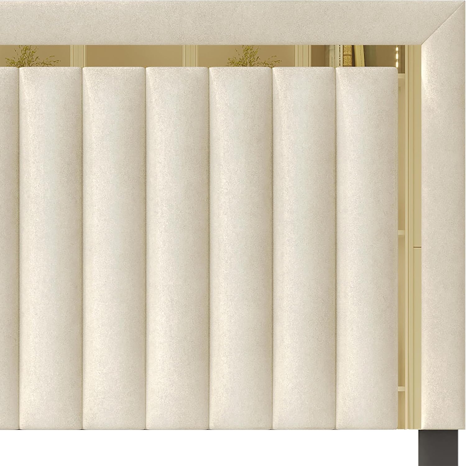 HOME DESIGN Olathe King Size Upholstered Panel Bed Frame, Vertical Channel Tufted Headboard with Gold Metal Accent, Velvet Fabric, Platform Design, Box Spring Required, Beige