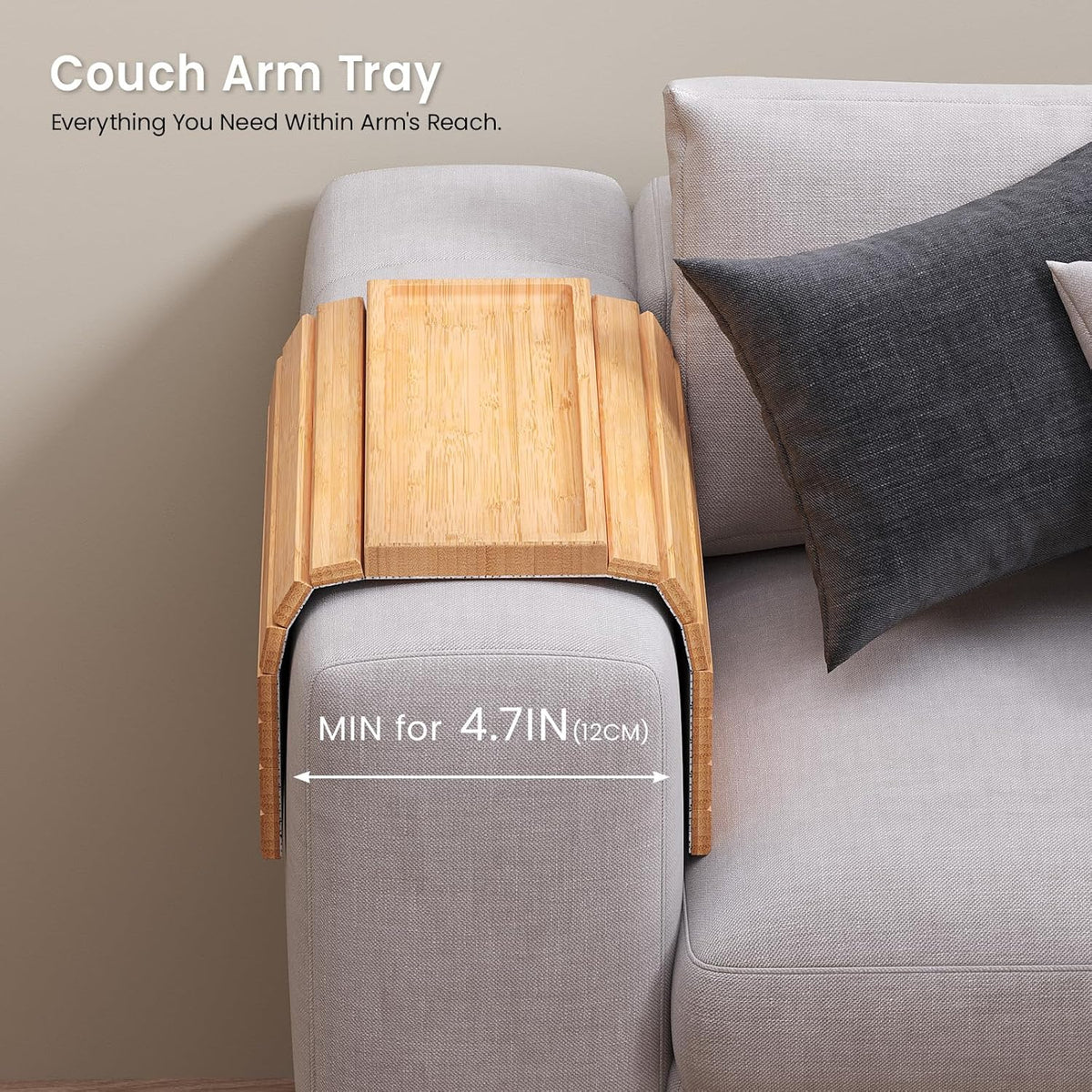 2 Pack Sofa Arm Tray,Bamboo Folding Couch Arm Tray,Sofa Armrest Tray with Anti-Slip Pad for Drinks,Snacks,Phone,Remote Control（Natural）