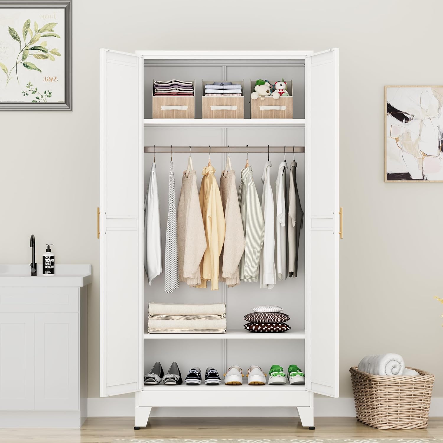 Metal Armoire Wardrobe Closet Storage Cabinet with Hanging Rod,71'' Metal Wardrobe Cabinet with 2 Doors and 2 Adjustable Shelves for Bedroom, Laundry Room, Cloak Room