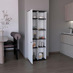 67" H Kitchen Storage Cabinet with One Door, Five Interior Shelves and Five Exterior Shelves,White/Black